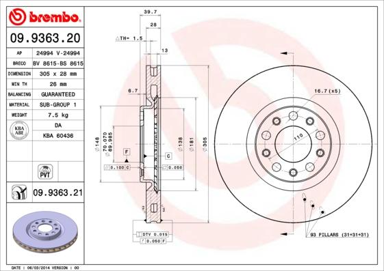 Brembo 09.9363.21 - Bremžu diski adetalas.lv