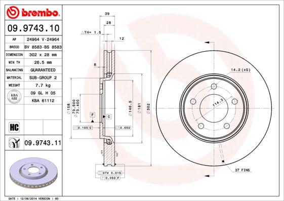 Brembo 09.9743.10 - Bremžu diski adetalas.lv