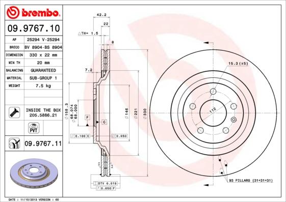 Brembo 09.9767.11 - Bremžu diski adetalas.lv