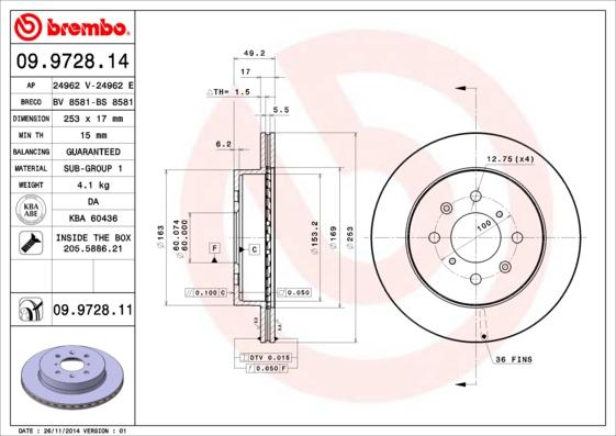 Brembo 09.9728.14 - Bremžu diski adetalas.lv