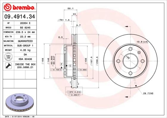 Brembo 09.4914.34 - Bremžu diski adetalas.lv