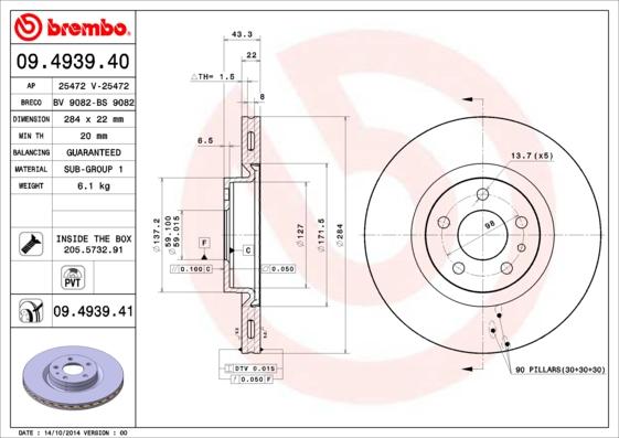 Brembo 09.4939.40 - Bremžu diski adetalas.lv