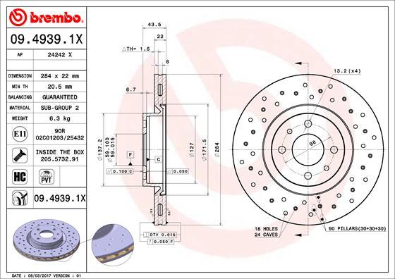 Brembo 09.4939.1X - Bremžu diski adetalas.lv