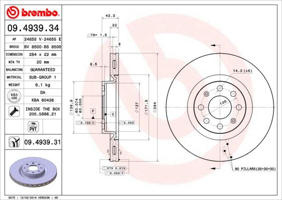 Brembo 09.4939.31 - Bremžu diski adetalas.lv