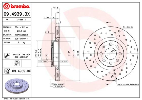 Brembo 09.4939.3X - Bremžu diski adetalas.lv