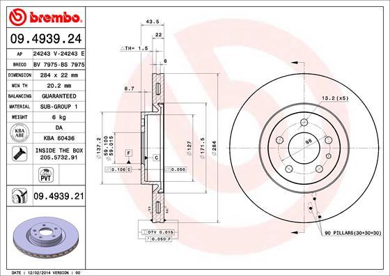 Brembo 09.4939.21 - Bremžu diski adetalas.lv