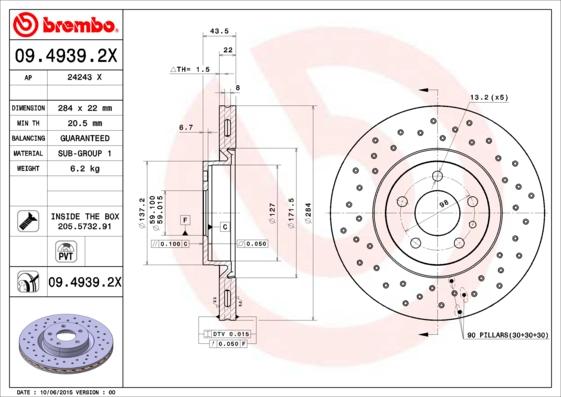 Brembo 09.4939.2X - Bremžu diski adetalas.lv