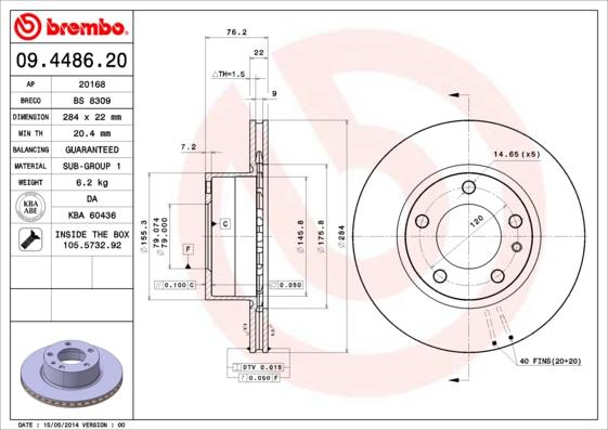 Brembo 09.4486.20 - Bremžu diski adetalas.lv