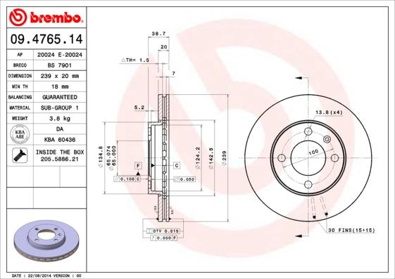 Brembo 09.4765.14 - Bremžu diski adetalas.lv