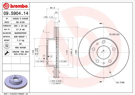 Brembo 09.5904.14 - Bremžu diski adetalas.lv