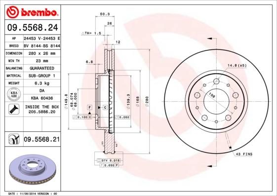 Brembo 09.5568.21 - Bremžu diski adetalas.lv