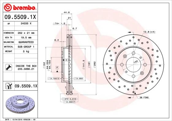 Brembo 09.5509.1X - Bremžu diski adetalas.lv