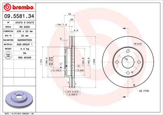 Brembo 09.5581.34 - Bremžu diski adetalas.lv