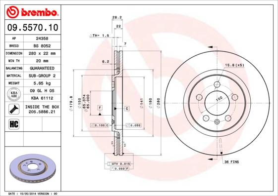 Brembo 09.5570.10 - Bremžu diski adetalas.lv