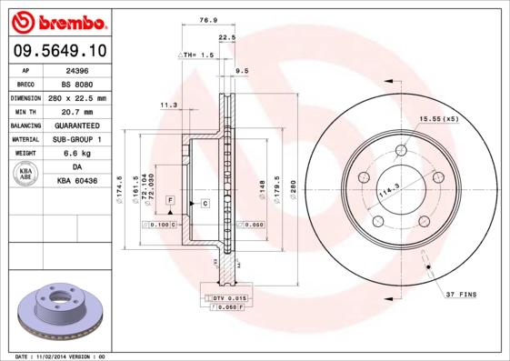 Brembo 09.5649.10 - Bremžu diski adetalas.lv