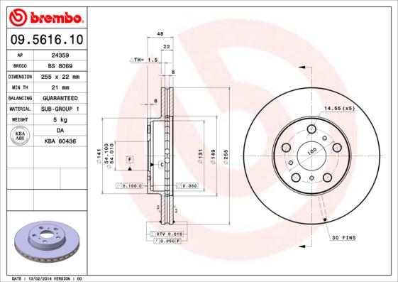 Brembo 09.5616.10 - Bremžu diski adetalas.lv