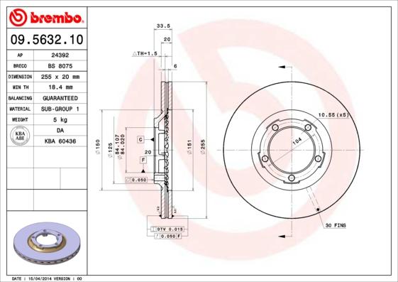 Brembo 09.5632.10 - Bremžu diski adetalas.lv