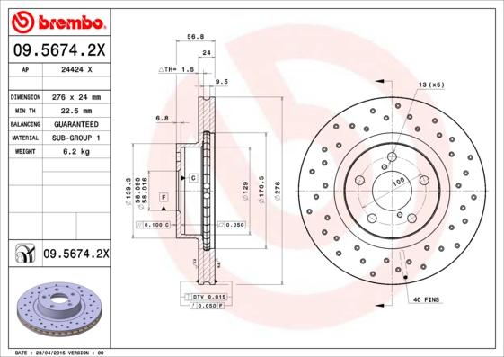 Brembo 09.5674.2X - Bremžu diski adetalas.lv