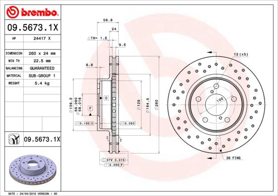 Brembo 09.5673.1X - Bremžu diski adetalas.lv