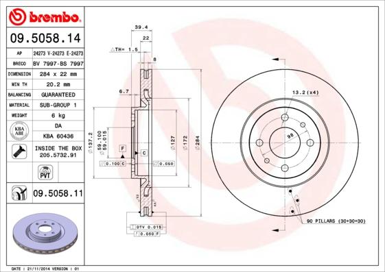 Brembo 09.5058.14 - Bremžu diski adetalas.lv