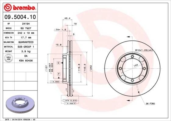 Brembo 09.5004.10 - Bremžu diski adetalas.lv