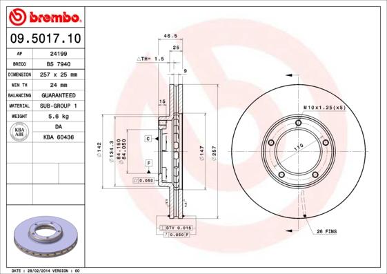 Brembo 09.5017.10 - Bremžu diski adetalas.lv