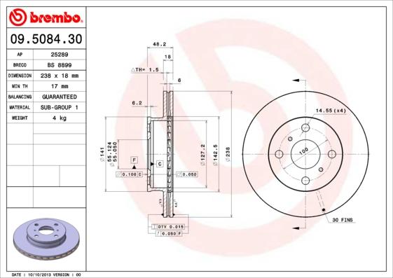 Brembo 09.5084.30 - Bremžu diski adetalas.lv