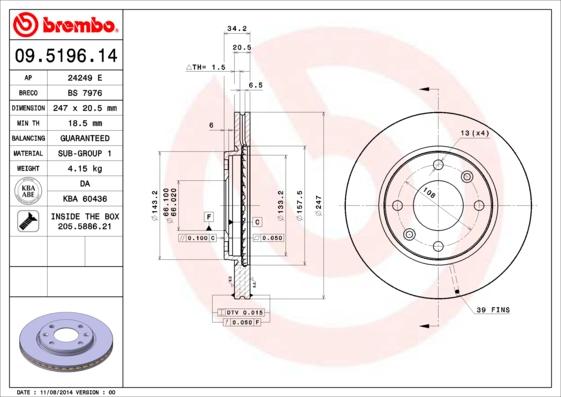 Brembo 09.5196.14 - Bremžu diski adetalas.lv