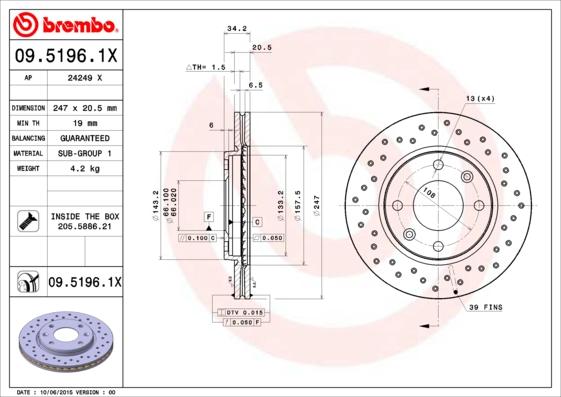 Brembo 09.5196.1X - Bremžu diski adetalas.lv