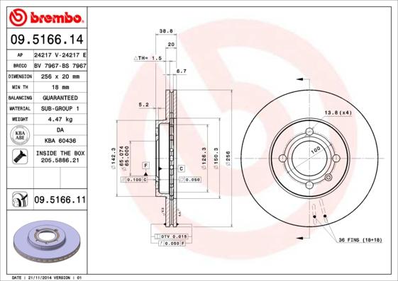 Brembo 09.5166.14 - Bremžu diski adetalas.lv