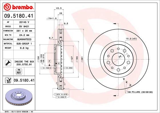 Brembo 09.5180.41 - Bremžu diski adetalas.lv