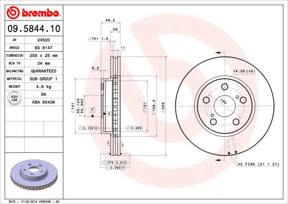 Brembo 09.5844.10 - Bremžu diski adetalas.lv