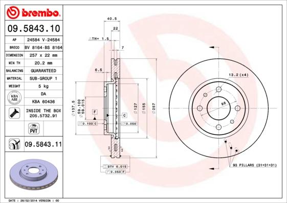 Brembo 09.5843.10 - Bremžu diski adetalas.lv