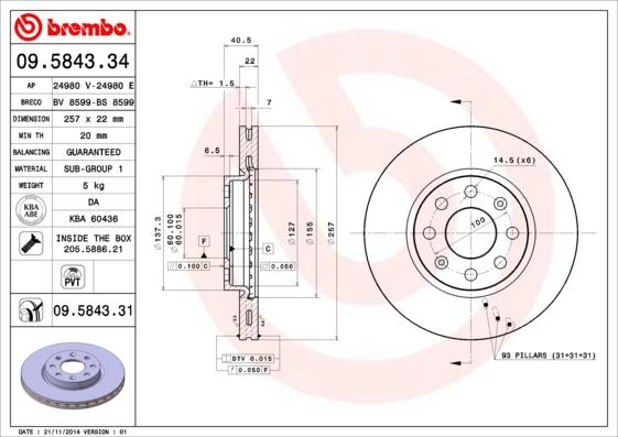 Brembo 09.5843.31 - Bremžu diski adetalas.lv