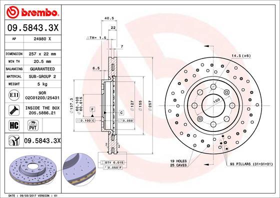 Brembo 09.5843.3X - Bremžu diski adetalas.lv