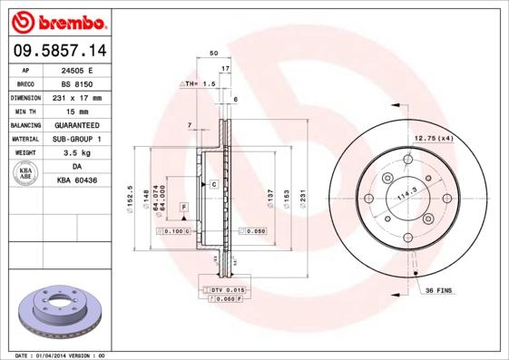 Brembo 09.5857.14 - Bremžu diski adetalas.lv