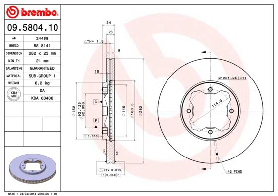 Brembo 09.5804.10 - Bremžu diski adetalas.lv