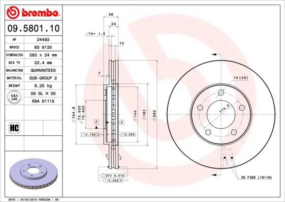 Brembo 09.5801.10 - Bremžu diski adetalas.lv