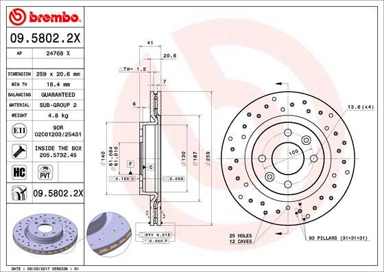 Brembo 09.5802.2X - Bremžu diski adetalas.lv