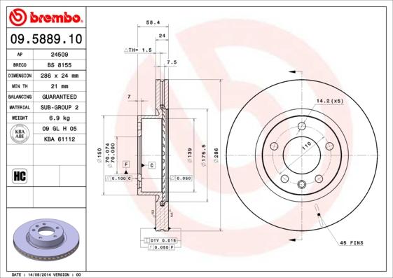 Brembo 09.5889.10 - Bremžu diski adetalas.lv