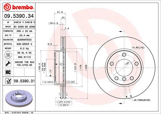 Brembo 09.5390.34 - Bremžu diski adetalas.lv