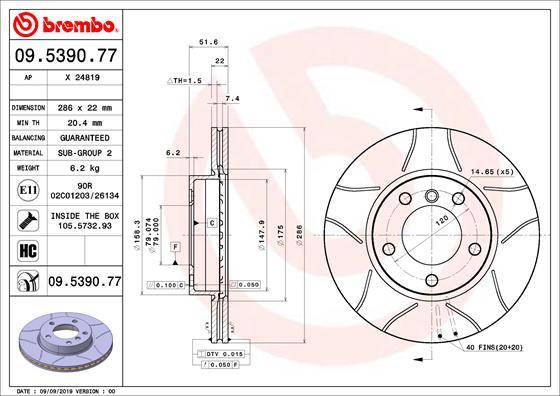 Brembo 09.5390.77 - Bremžu diski adetalas.lv