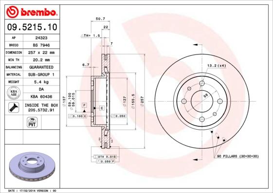 Brembo 09.5215.10 - Bremžu diski adetalas.lv