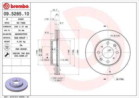 Brembo 09.5285.10 - Bremžu diski adetalas.lv