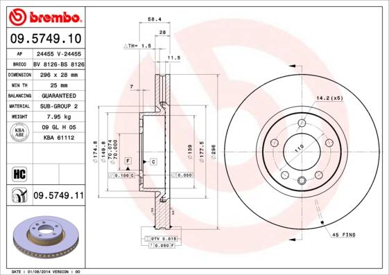 Brembo 09.5749.11 - Bremžu diski adetalas.lv