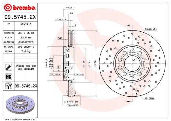 Brembo 09.5745.2X - Bremžu diski adetalas.lv