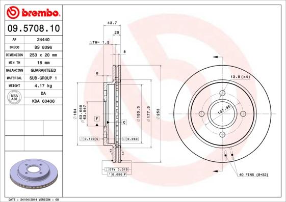 Brembo 09.5708.10 - Bremžu diski adetalas.lv