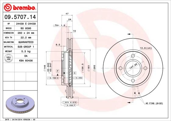 Brembo 09.5707.14 - Bremžu diski adetalas.lv