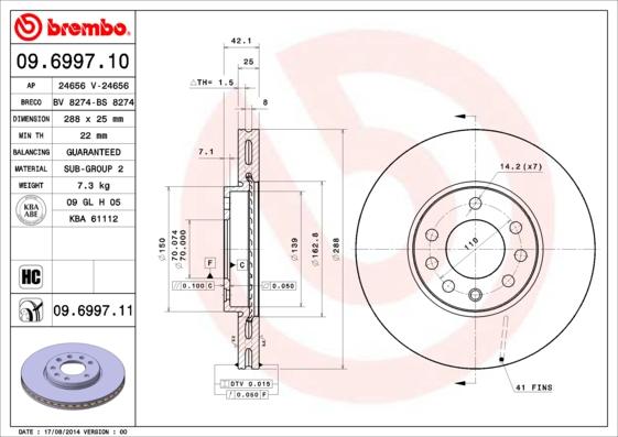 Brembo 09.6997.11 - Bremžu diski adetalas.lv