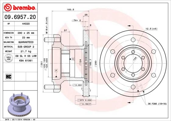 Brembo 09.6957.20 - Bremžu diski adetalas.lv